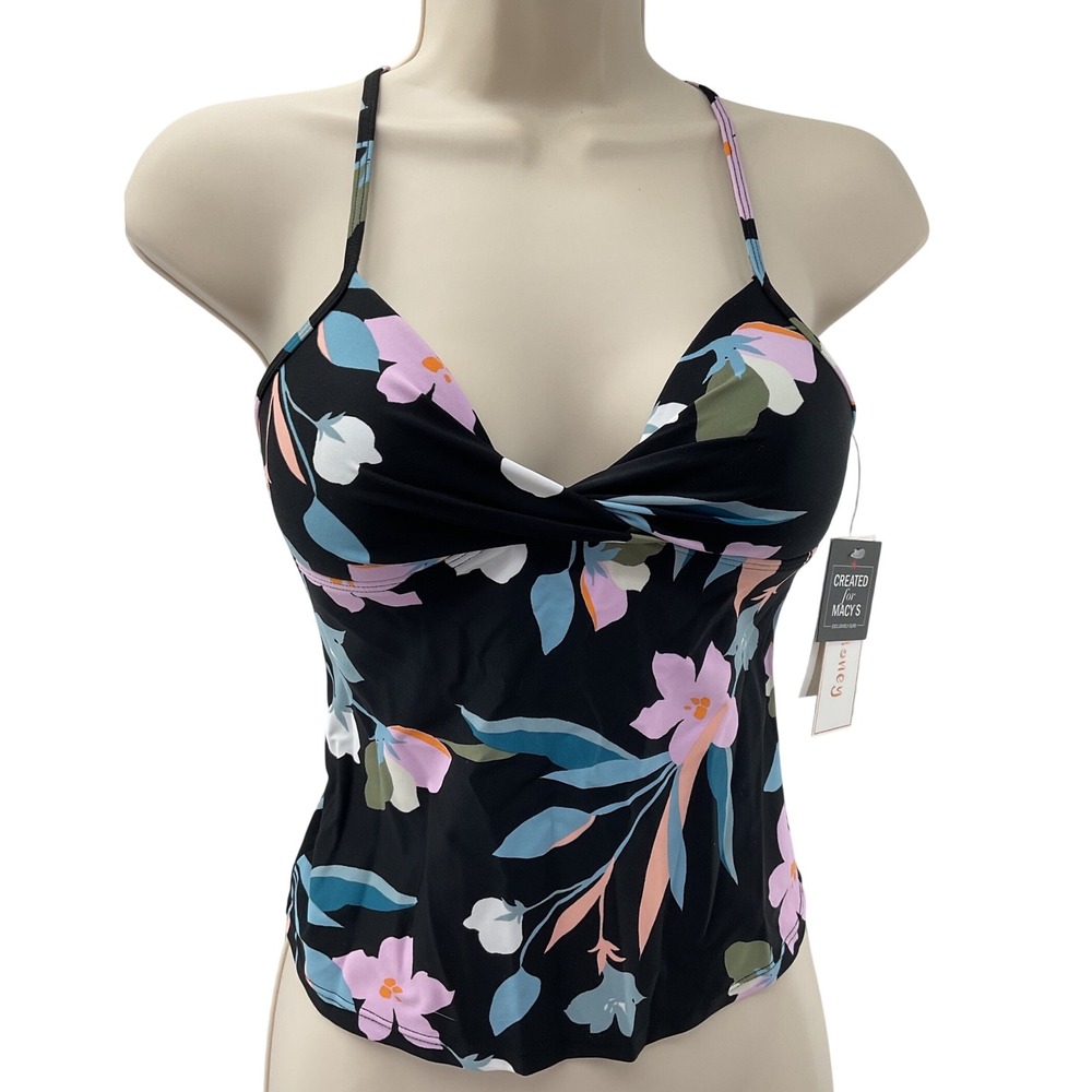 Hula Honey Floral Push Up Tankini‎ Top Black Strappy Cage Back XS HHFFT181 NEW